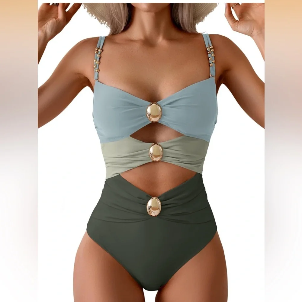 Colorblock Cutout One-Piece Swimsuit with Gold Accents